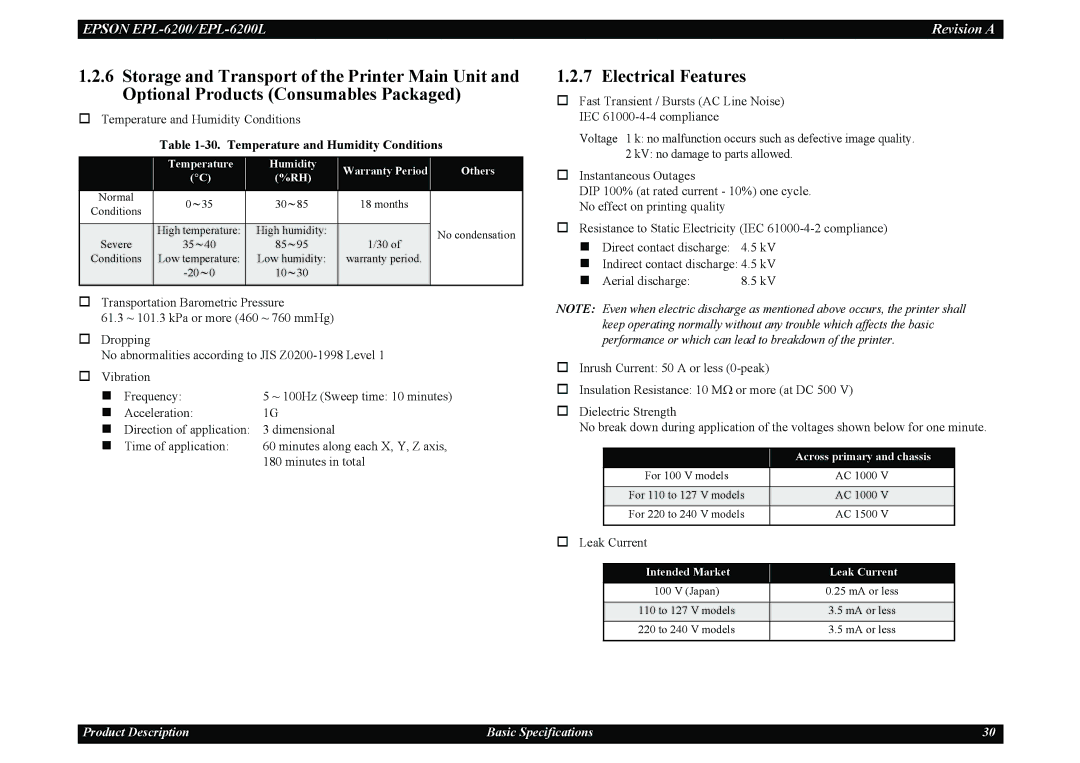 Epson EPL-6200 Electrical Features, Temperature and Humidity Conditions, Temperature Humidity Warranty Period Others 