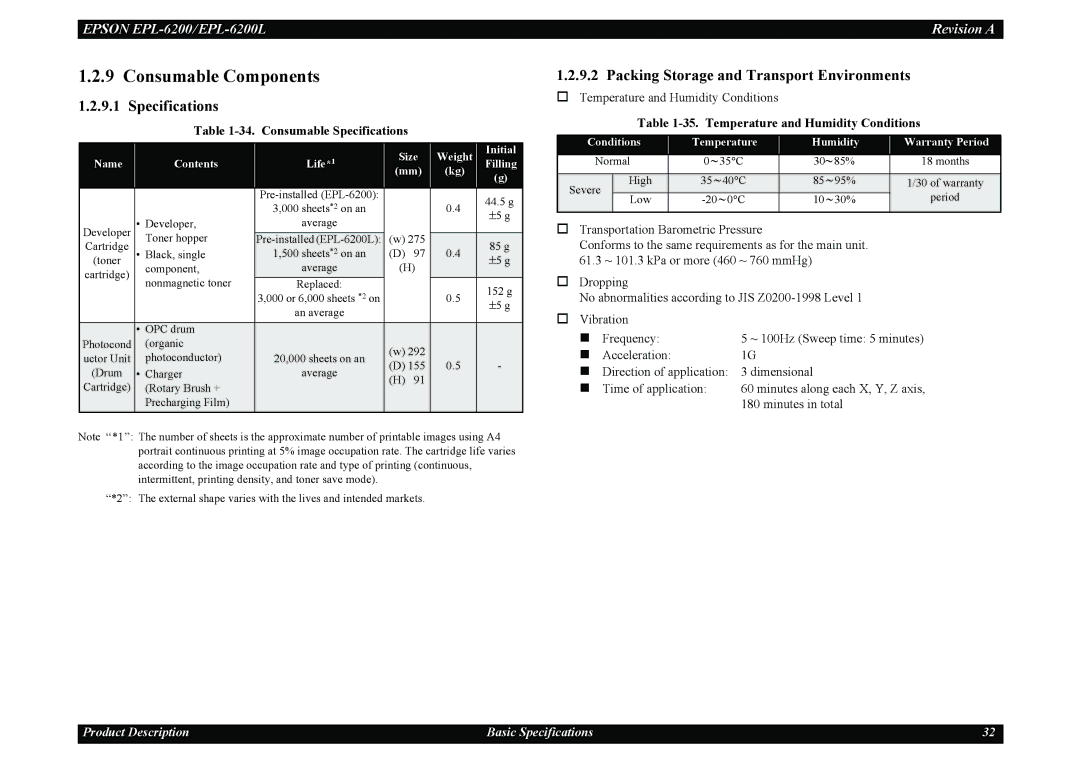 Epson EPL-6200L service manual Consumable Components, Specifications, Packing Storage and Transport Environments 