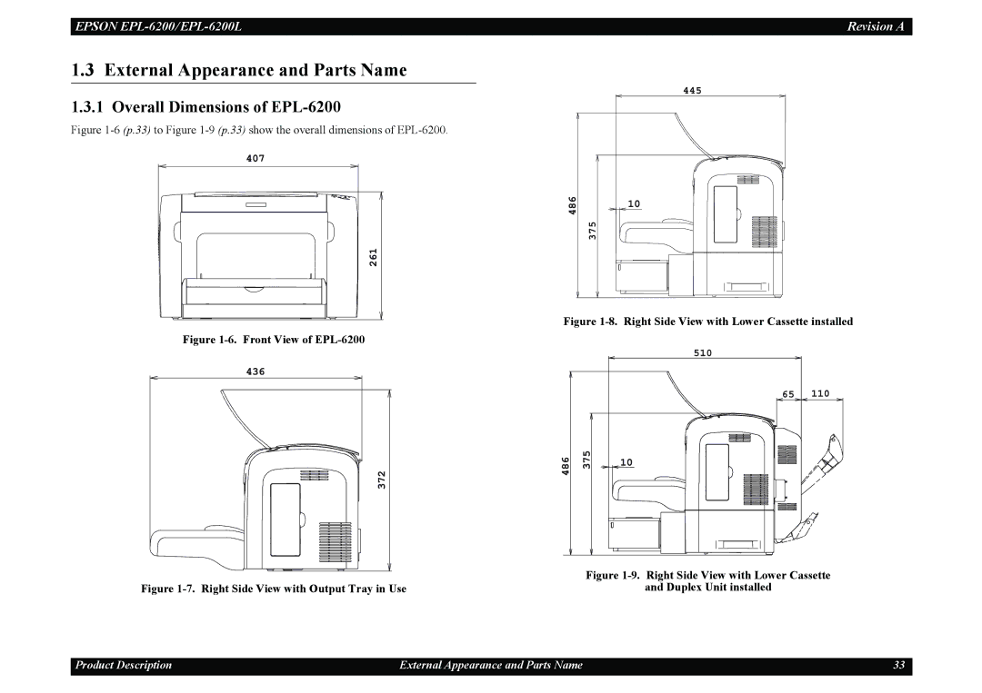 Epson EPL-6200L service manual External Appearance and Parts Name, Overall Dimensions of EPL-6200 