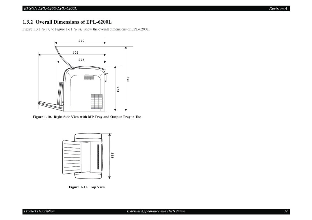 Epson EPL-6200L service manual Right Side View with MP Tray and Output Tray in Use, Top View 