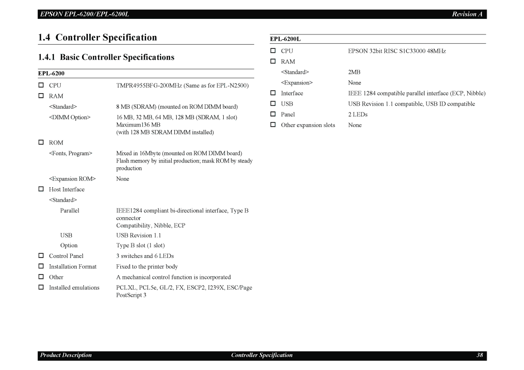 Epson EPL-6200L service manual Basic Controller Specifications 