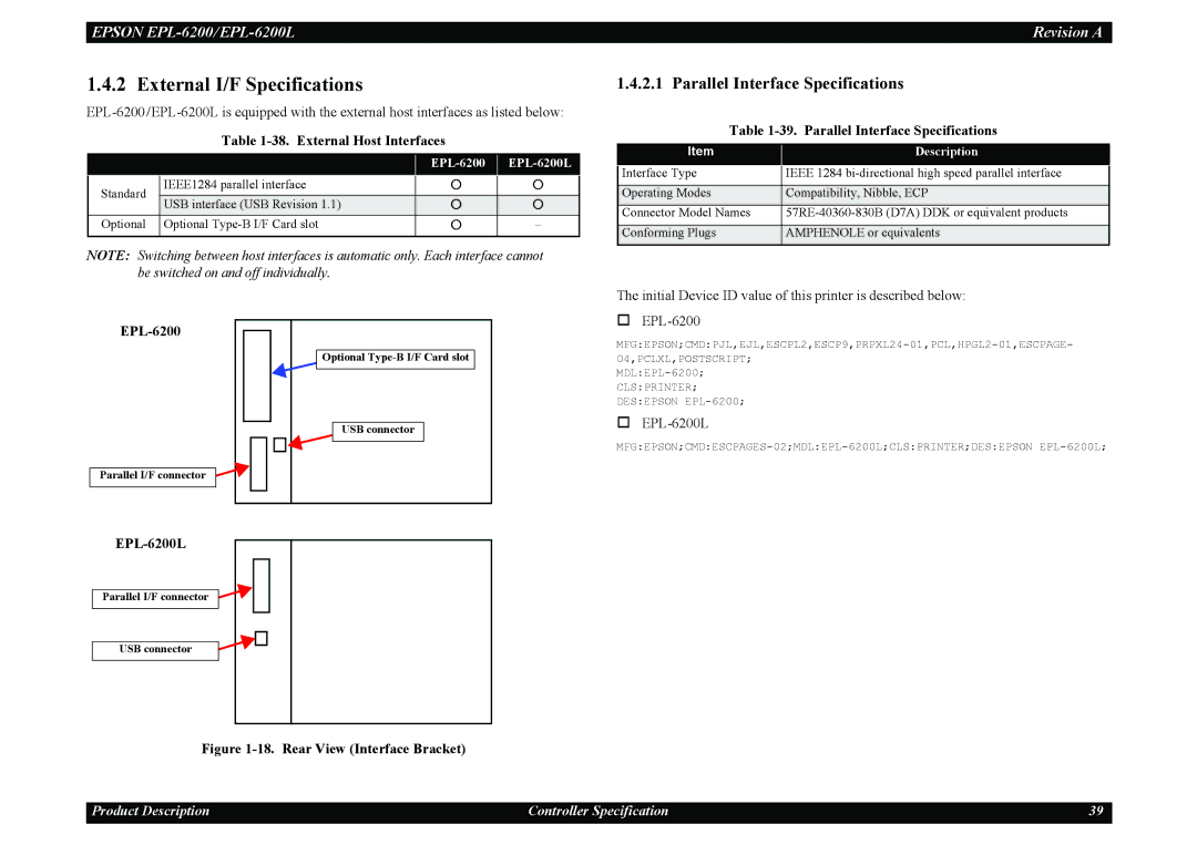 Epson EPL-6200L External I/F Specifications, Parallel Interface Specifications, External Host Interfaces, Description 