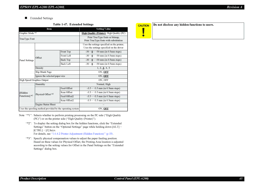 Epson EPL-6200L service manual Extended Settings, Do not disclose any hidden functions to users 