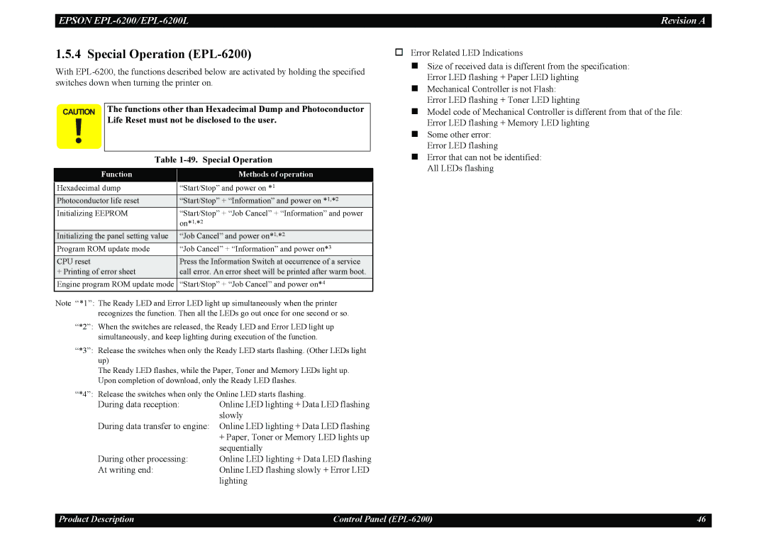 Epson EPL-6200L service manual Special Operation EPL-6200, Functions other than Hexadecimal Dump and Photoconductor 