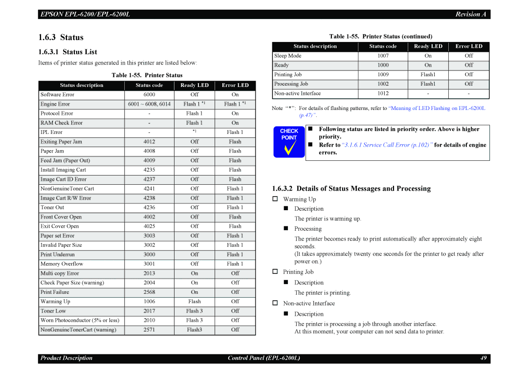 Epson EPL-6200L service manual Status List, Details of Status Messages and Processing, Printer Status 