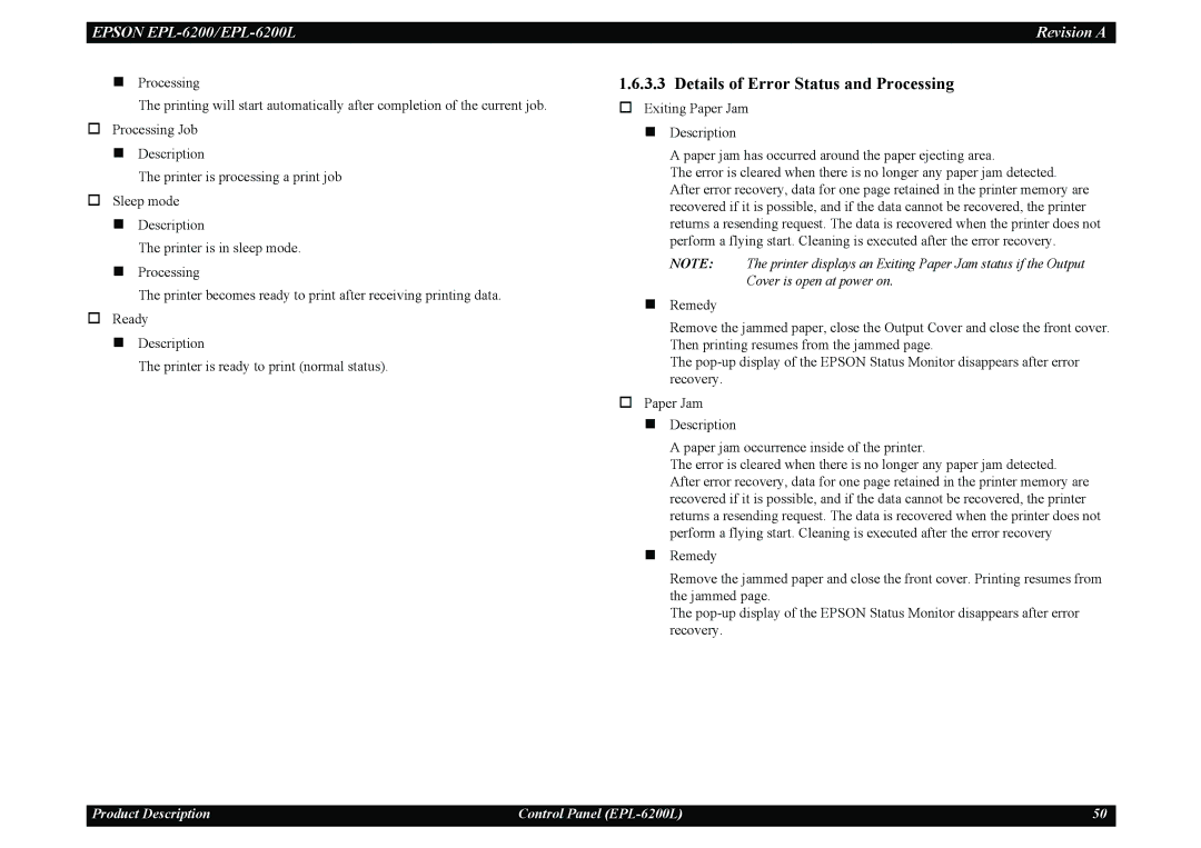 Epson EPL-6200L service manual Details of Error Status and Processing 