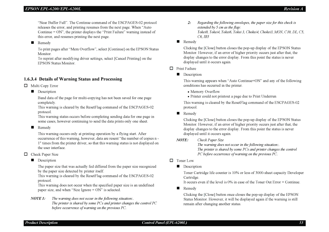 Epson EPL-6200L service manual Details of Warning Status and Processing 