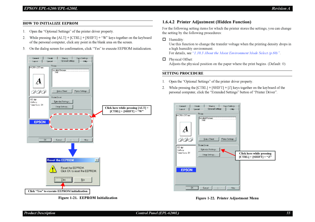 Epson EPL-6200L service manual Printer Adjustment Hidden Function, HOW to Initialize Eeprom, Setting Procedure 