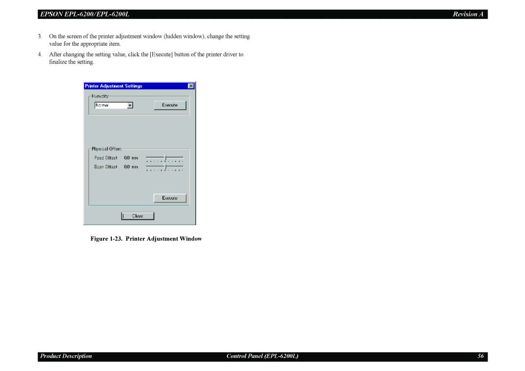 Epson EPL-6200L service manual Printer Adjustment Window 