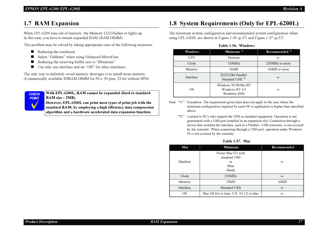 Epson service manual RAM Expansion, System Requirements Only for EPL-6200L 