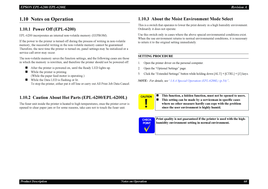 Epson EPL-6200L service manual Power Off EPL-6200, About the Moist Environment Mode Select 