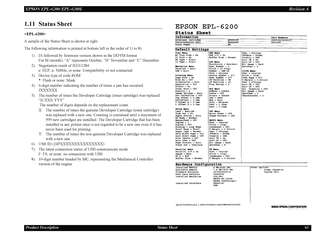 Epson EPL-6200L service manual Status Sheet, Jxxxxxx 
