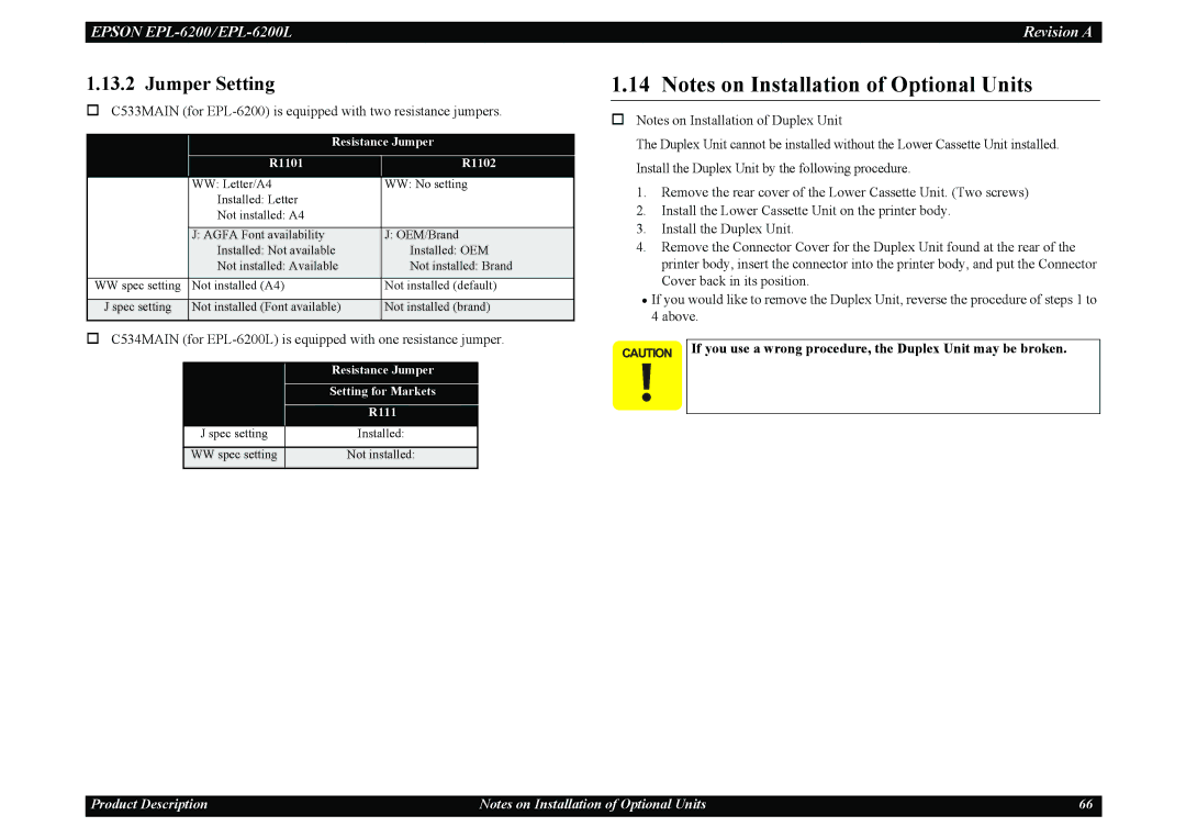 Epson EPL-6200L service manual Jumper Setting, Resistance Jumper, R1101 R1102, R111 