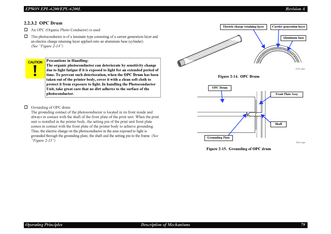 Epson EPL-6200L service manual OPC Drum, Precautions in Handling, Unit, take great care that no dirt adheres to the surface 