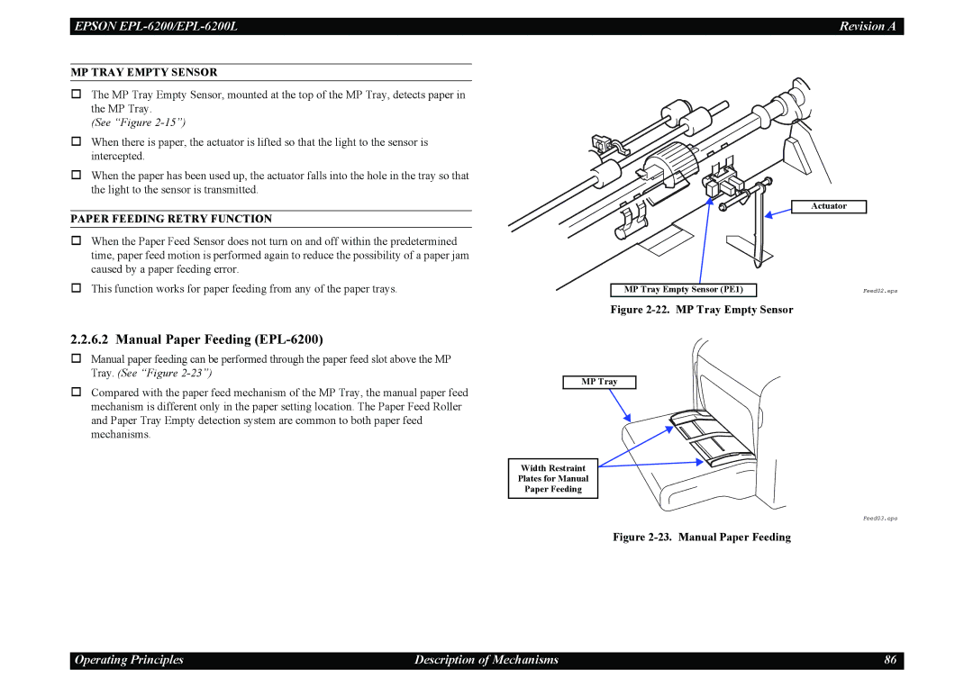 Epson EPL-6200L service manual Manual Paper Feeding EPL-6200, MP Tray Empty Sensor, Paper Feeding Retry Function 