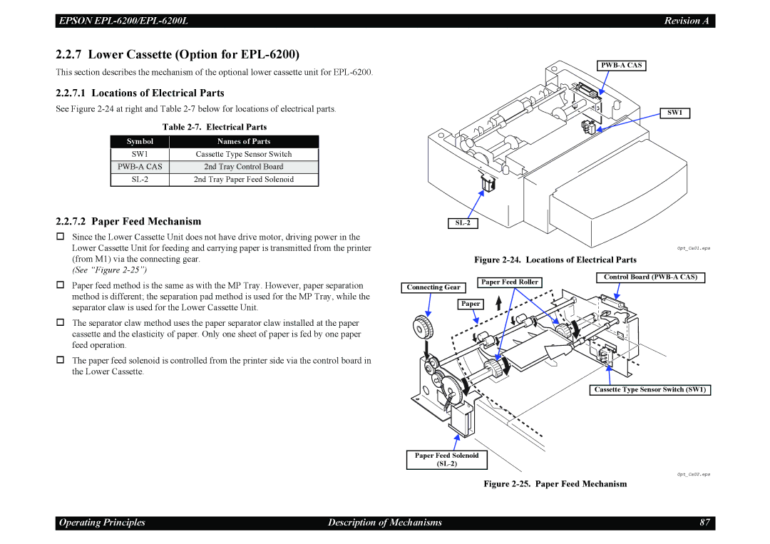 Epson EPL-6200L service manual Lower Cassette Option for EPL-6200, Locations of Electrical Parts, Paper Feed Mechanism 