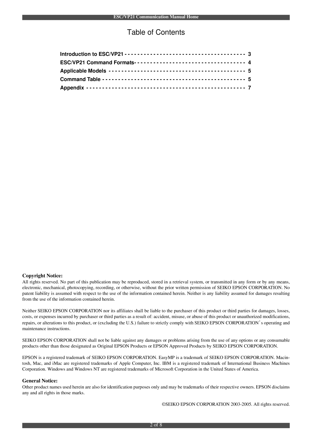 Epson ESC/VP21 manual Table of Contents 