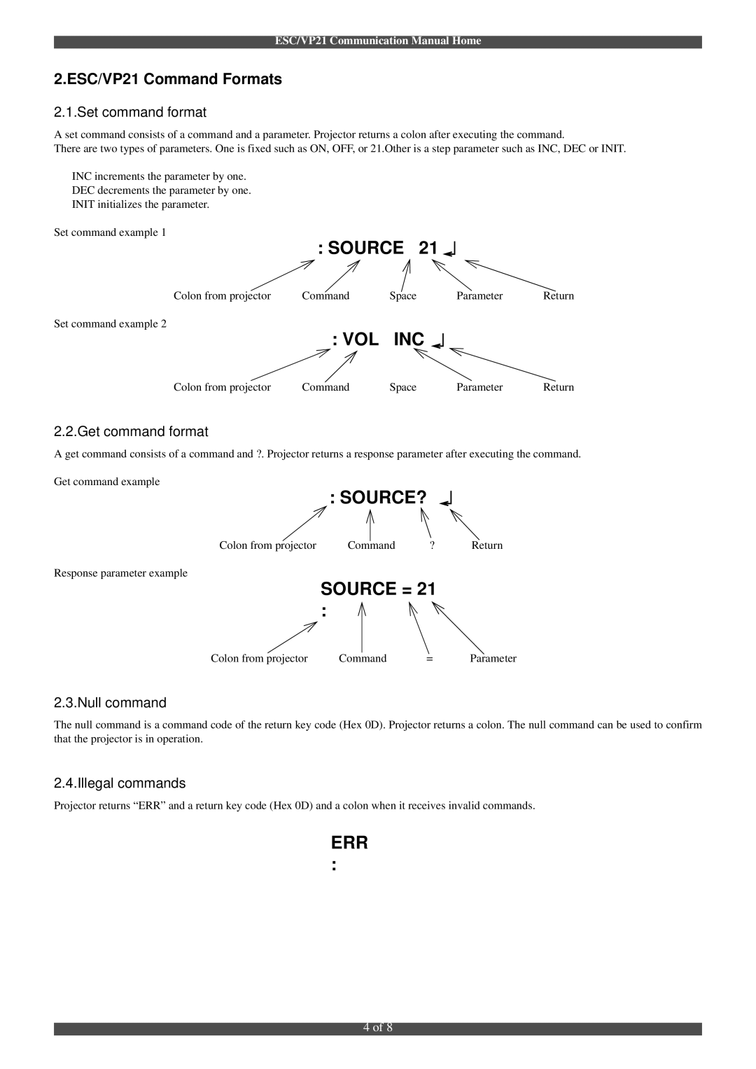 Epson manual ESC/VP21 Command Formats, Set command format 