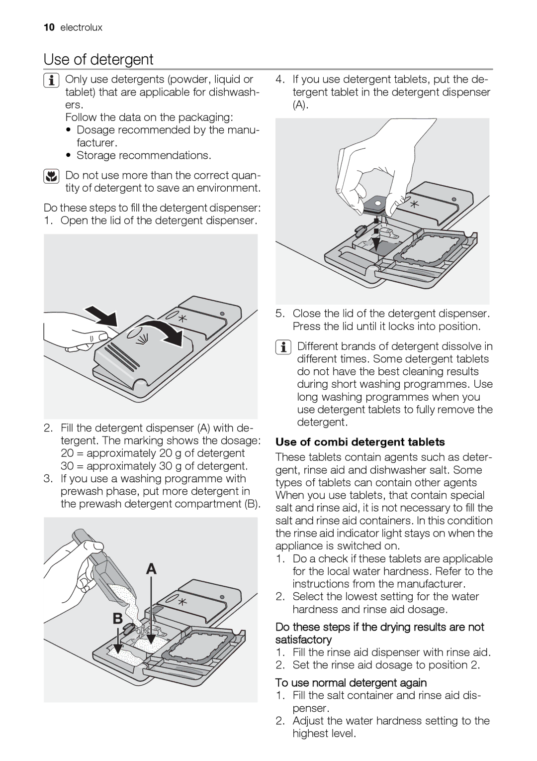 Epson ESL63010 user manual Use of detergent, 30 = approximately 30 g of detergent, Use of combi detergent tablets 