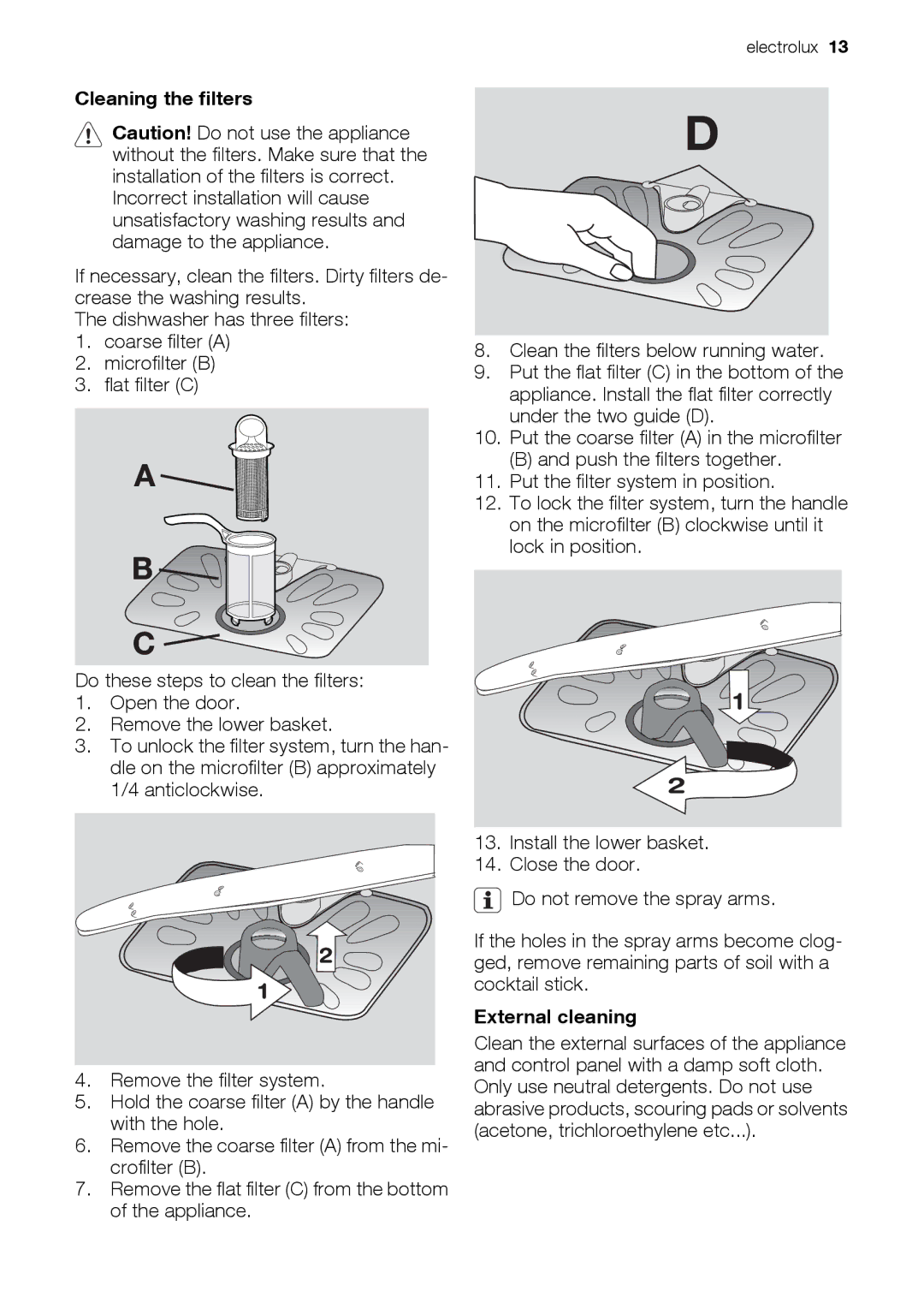 Epson ESL63010 user manual Cleaning the filters, External cleaning 