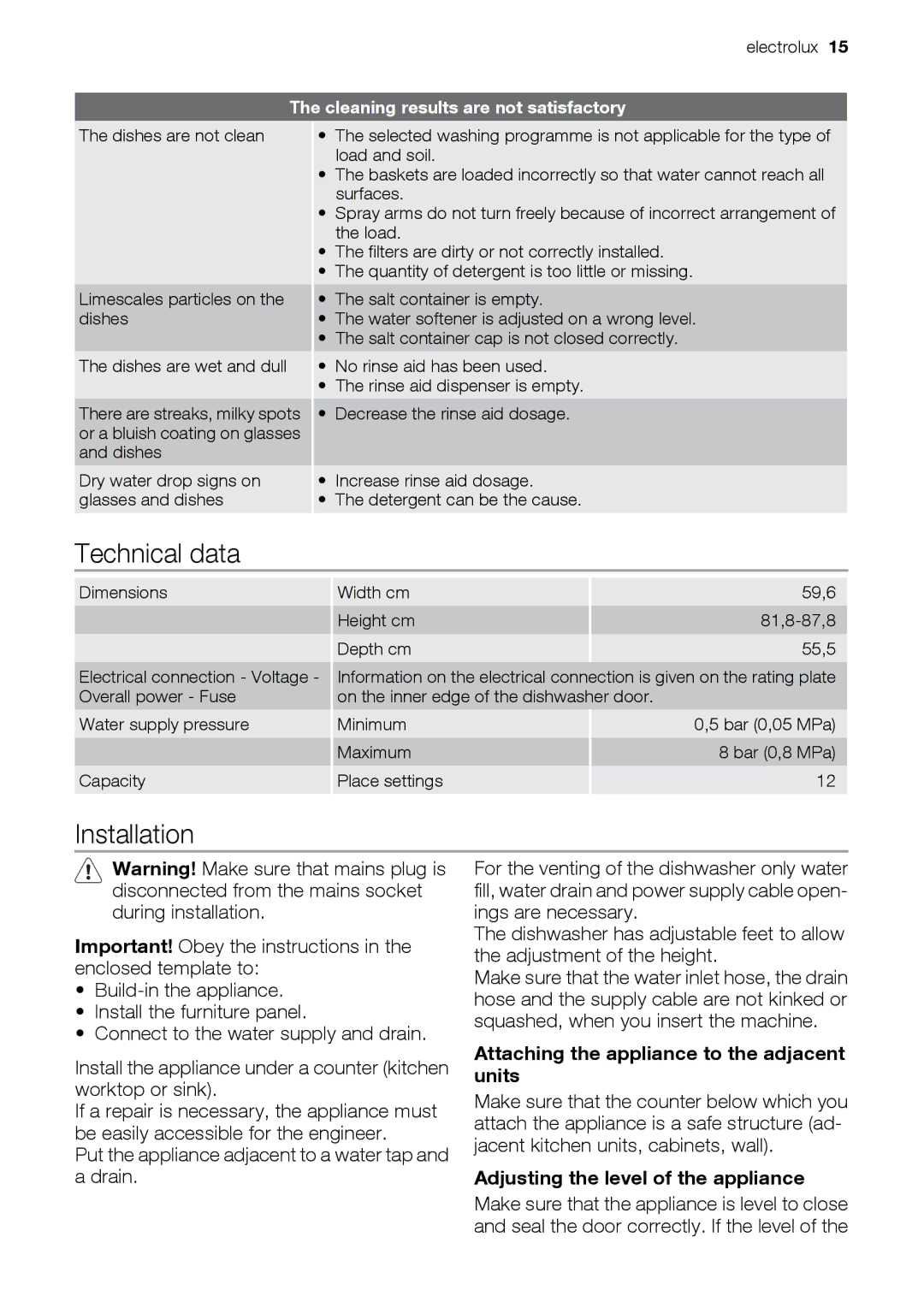 Epson ESL63010 user manual Technical data, Installation, Attaching the appliance to the adjacent units 