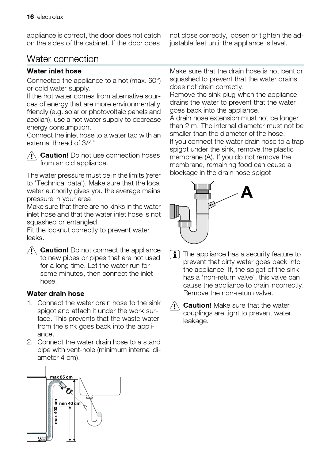 Epson ESL63010 user manual Water inlet hose, Water drain hose 