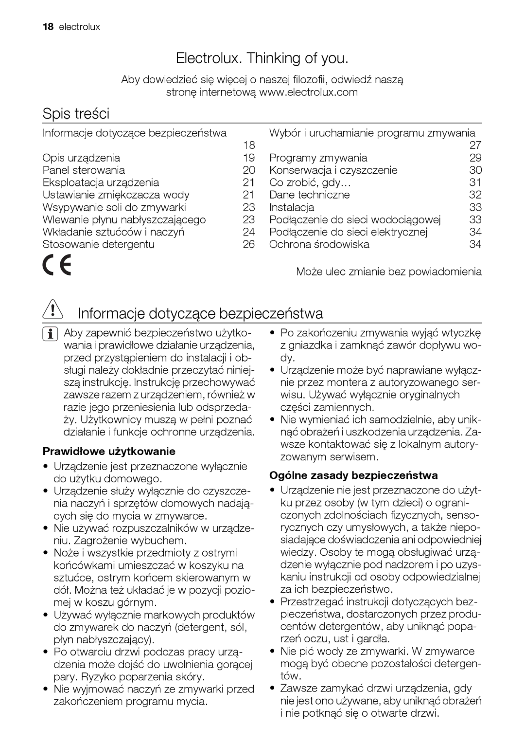 Epson ESL63010 Electrolux. Thinking of you, Spis treści, Informacje dotyczące bezpieczeństwa, Prawidłowe użytkowanie 