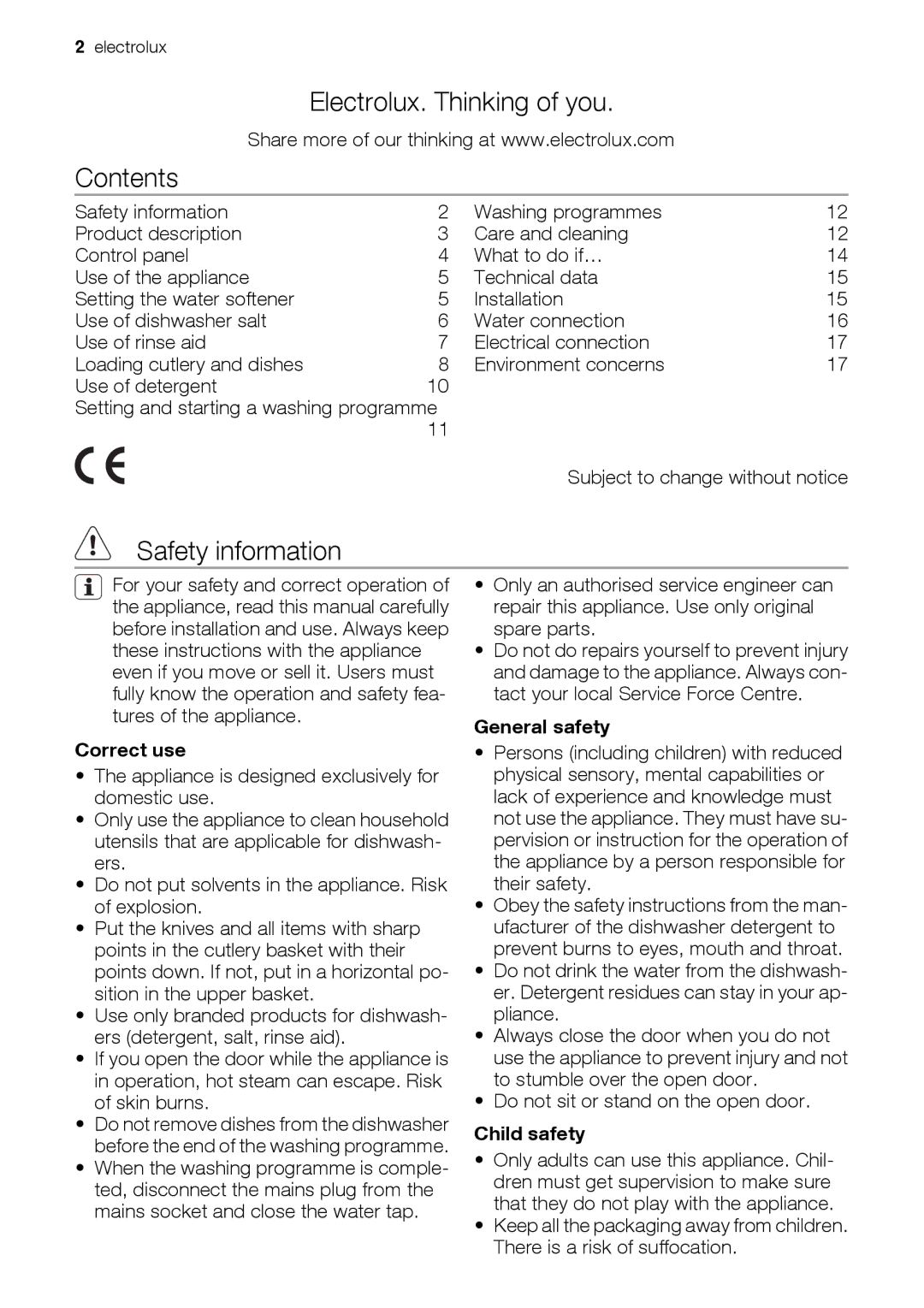 Epson ESL63010 user manual Electrolux. Thinking of you Contents, Safety information 