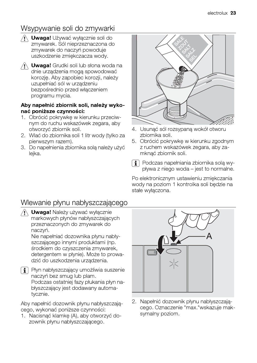 Epson ESL63010 user manual Wsypywanie soli do zmywarki, Wlewanie płynu nabłyszczającego 