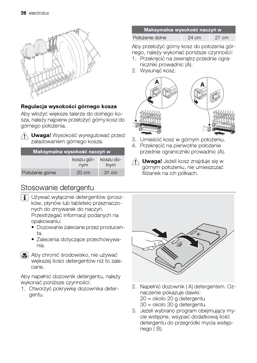 Epson ESL63010 user manual Stosowanie detergentu, Regulacja wysokości górnego kosza, Umieścić kosz w górnym położeniu 