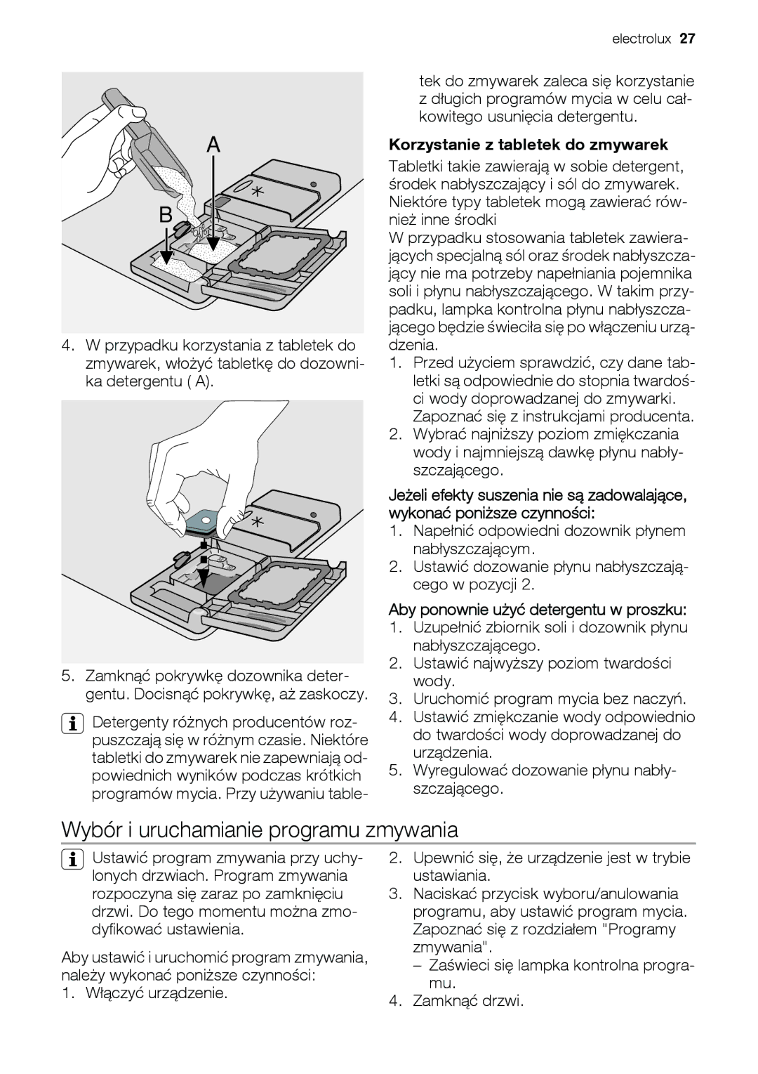 Epson ESL63010 user manual Wybór i uruchamianie programu zmywania, Korzystanie z tabletek do zmywarek 