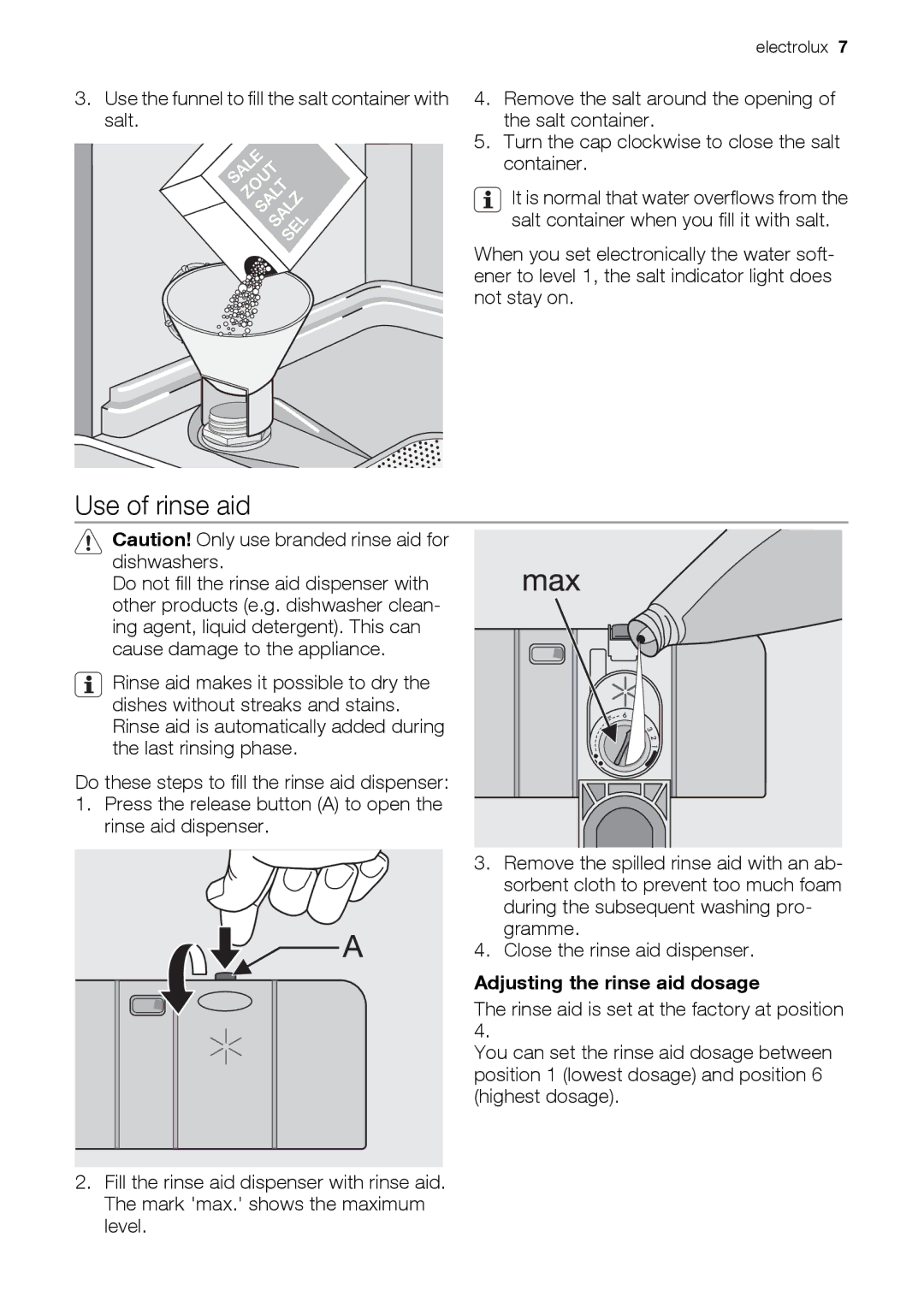 Epson ESL63010 Use of rinse aid, Use the funnel to fill the salt container with salt, Adjusting the rinse aid dosage 