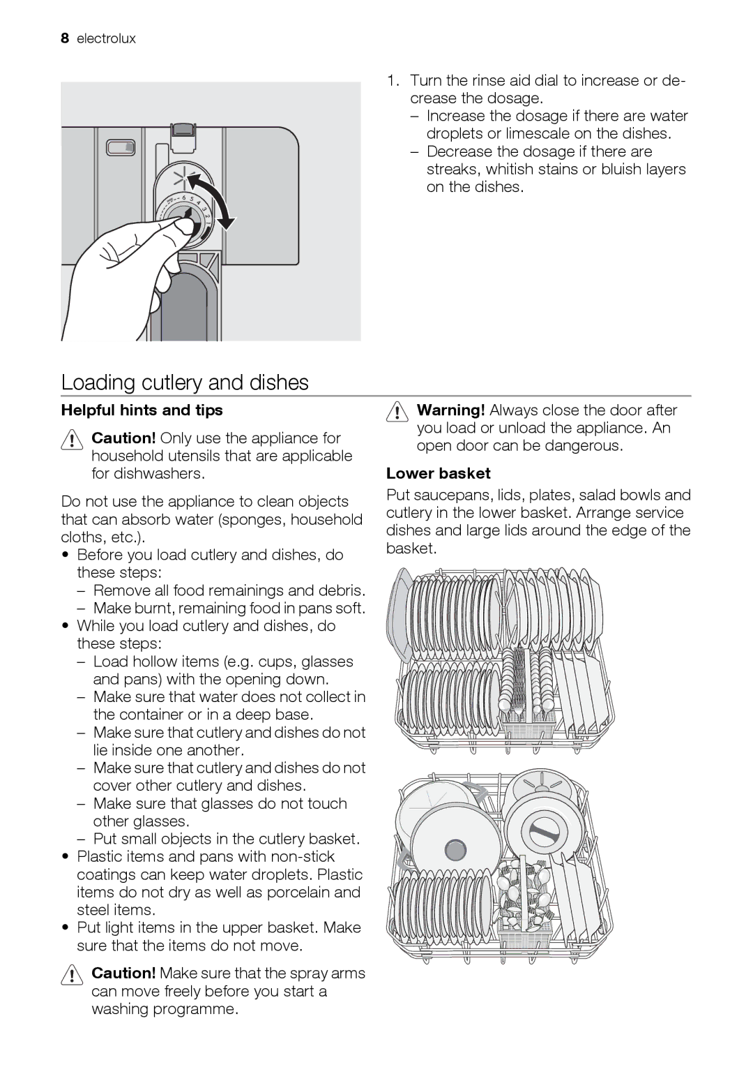 Epson ESL63010 Loading cutlery and dishes, Helpful hints and tips, While you load cutlery and dishes, do these steps 