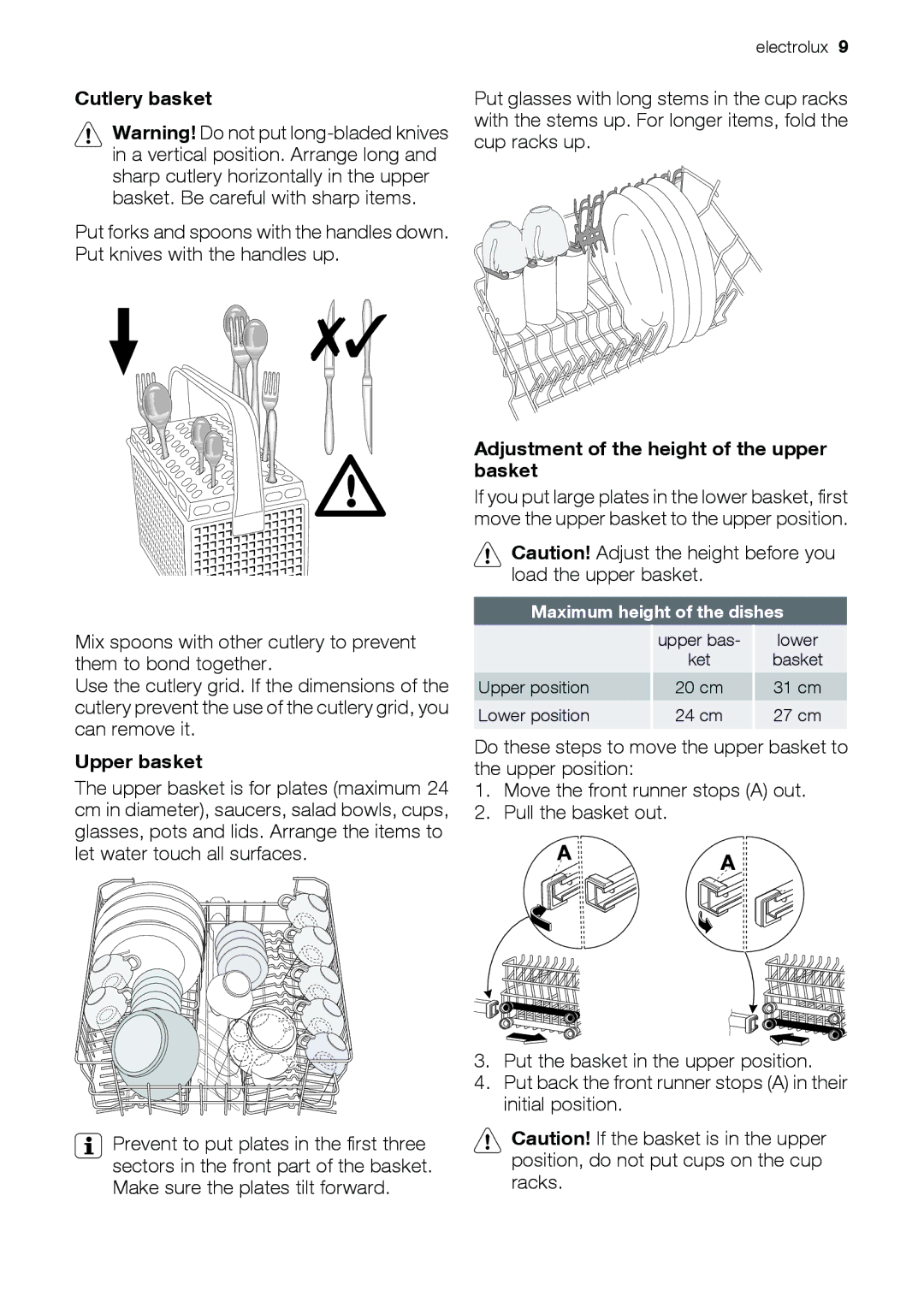 Epson ESL63010 Cutlery basket, Upper basket, Adjustment of the height of the upper basket, Maximum height of the dishes 