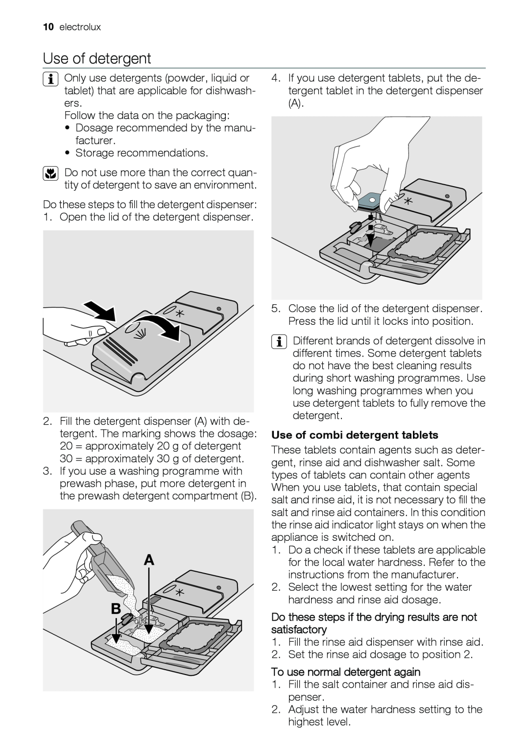 Epson ESL63010 Use of detergent, Use of combi detergent tablets, Do these steps if the drying results are not satisfactory 