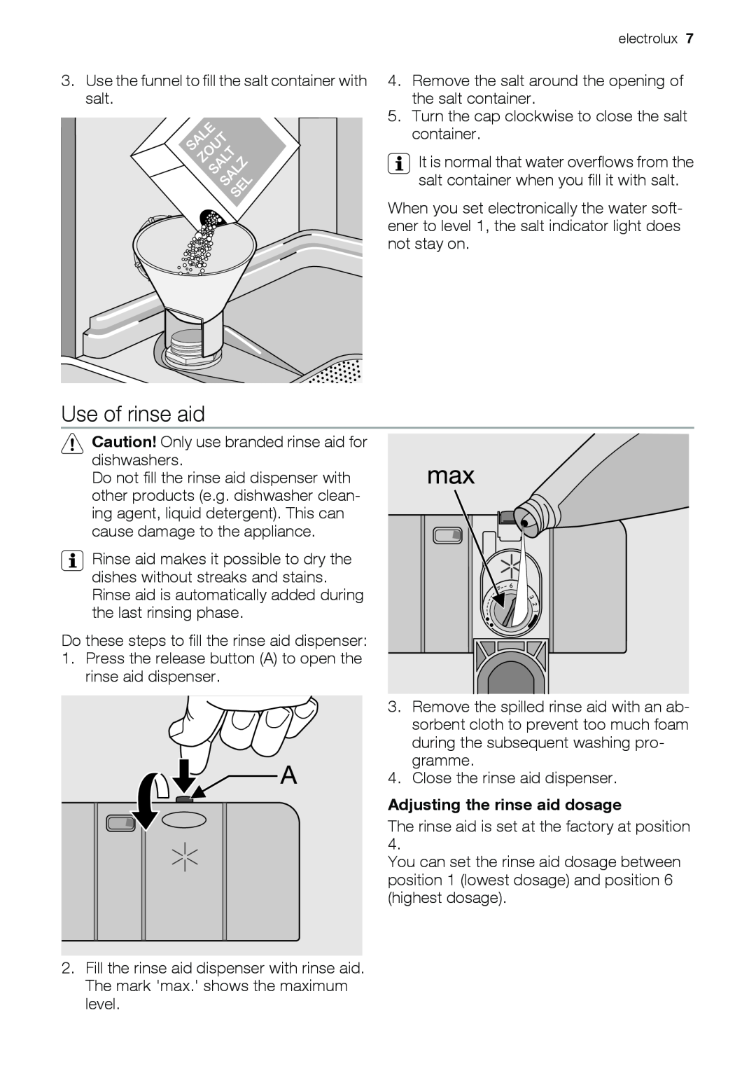 Epson ESL63010 user manual Use of rinse aid, Adjusting the rinse aid dosage 
