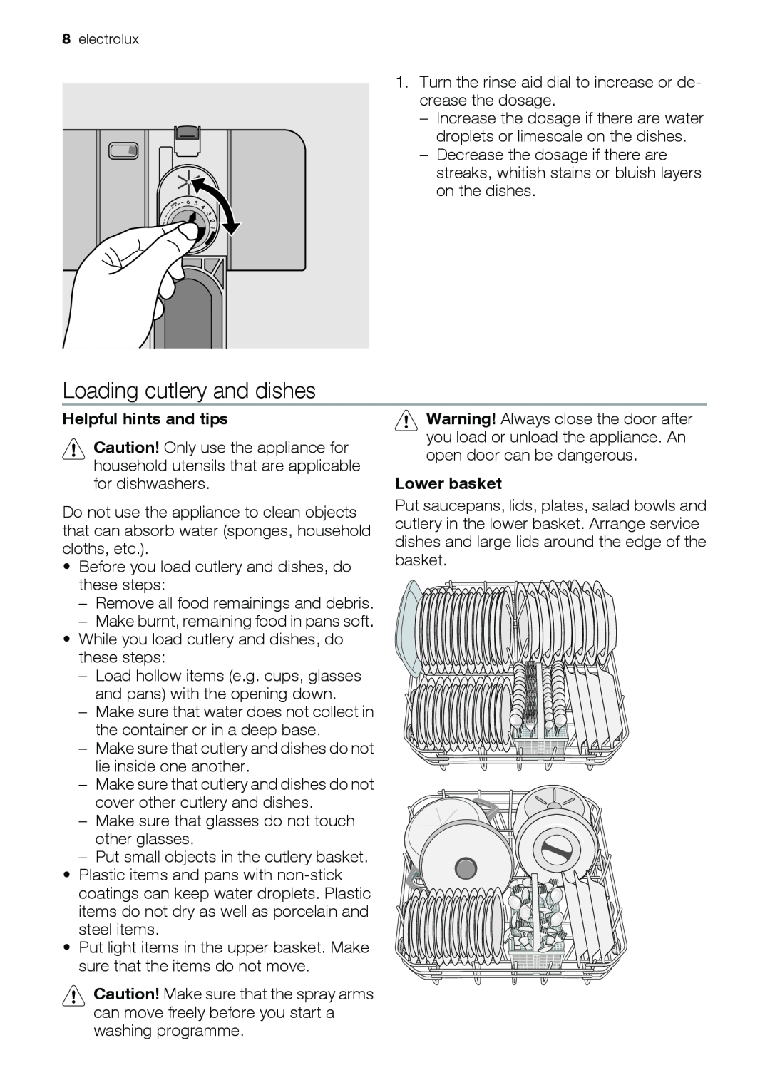 Epson ESL63010 user manual Loading cutlery and dishes, Helpful hints and tips, Lower basket 