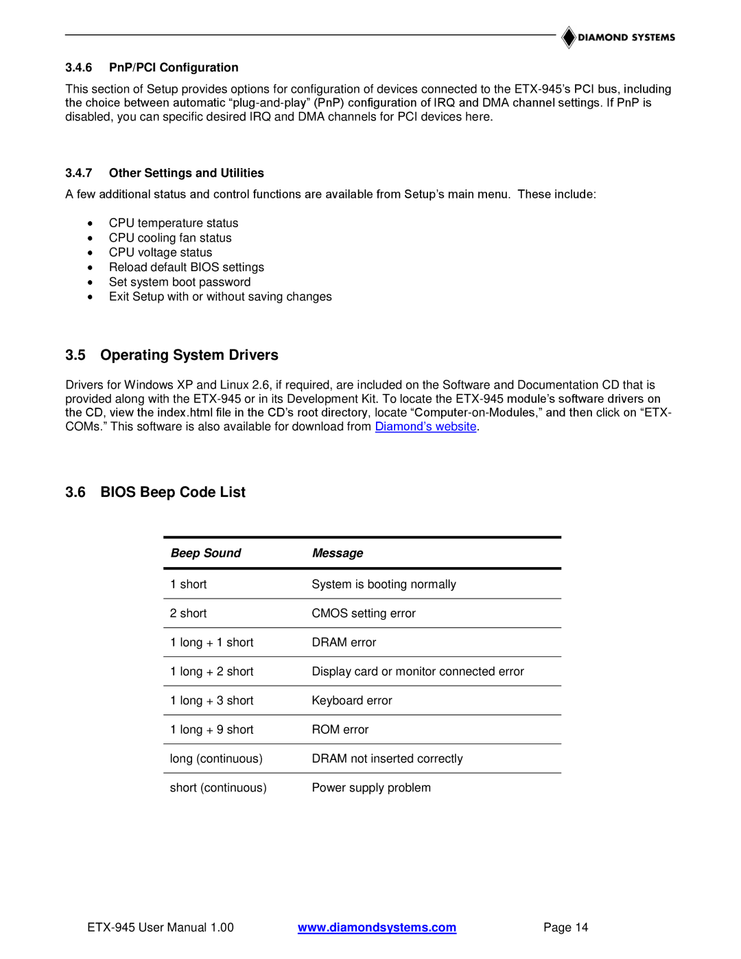 Epson ETX-945 Operating System Drivers, Bios Beep Code List, 6 PnP/PCI Configuration, Other Settings and Utilities 