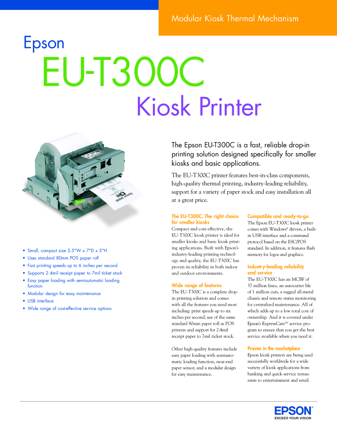 Epson manual EU-T300C. The right choice for smaller kiosks, Wide range of features, Compatible and ready-to-go 