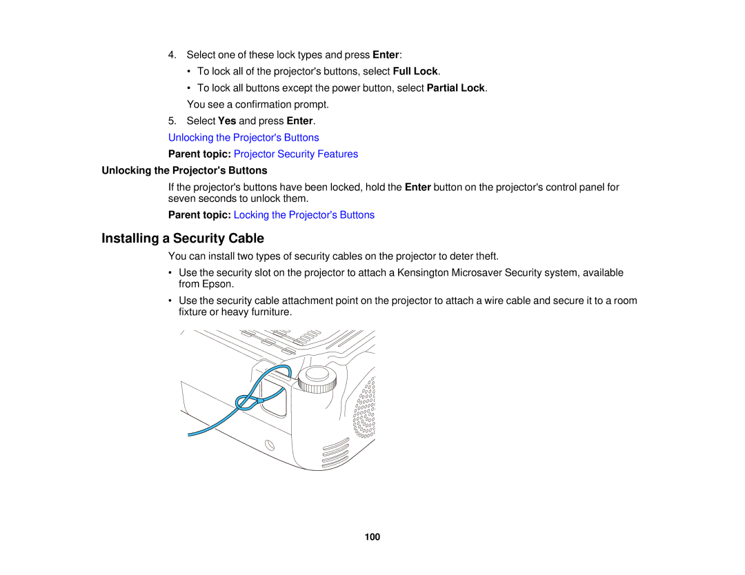 Epson EX7230 Pro, EX7235 Pro manual Installing a Security Cable, Unlocking the Projectors Buttons 