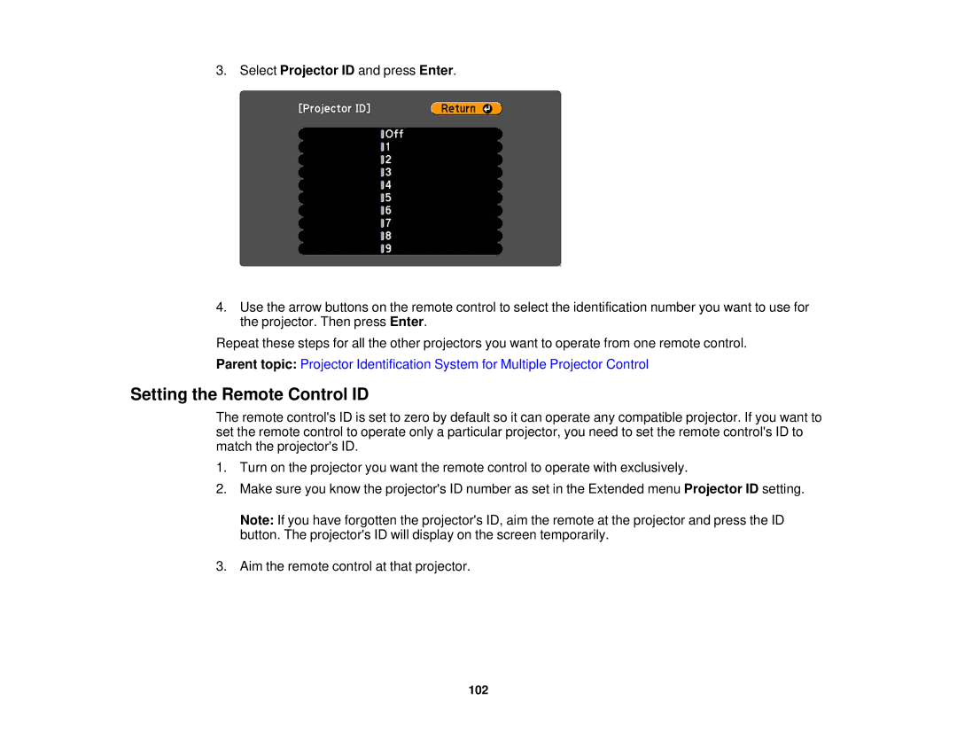 Epson EX7230 Pro, EX7235 Pro manual Setting the Remote Control ID 