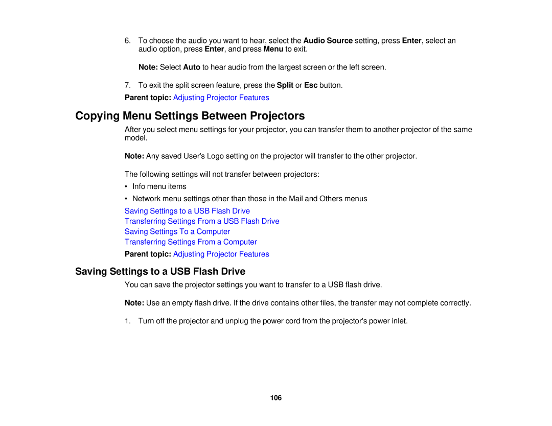 Epson EX7230 Pro, EX7235 Pro manual Copying Menu Settings Between Projectors, Saving Settings to a USB Flash Drive 