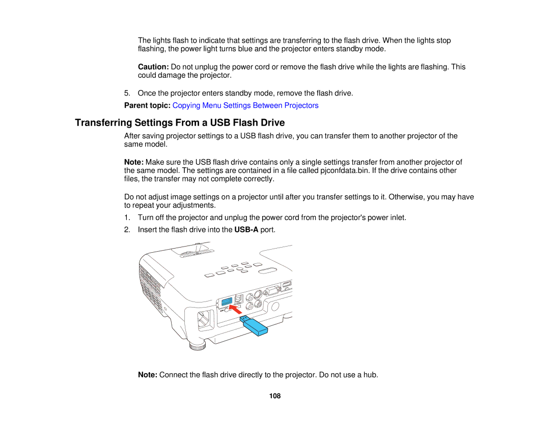 Epson EX7230 Pro, EX7235 Pro manual Transferring Settings From a USB Flash Drive 