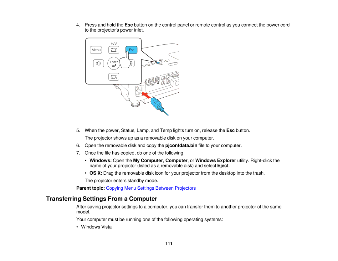 Epson EX7235 Pro, EX7230 Pro manual Transferring Settings From a Computer 