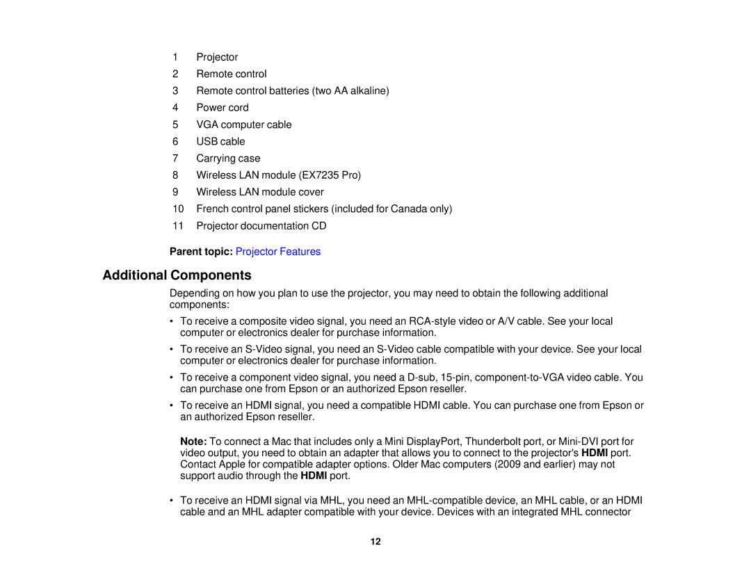 Epson EX7230 Pro, EX7235 Pro manual Additional Components 