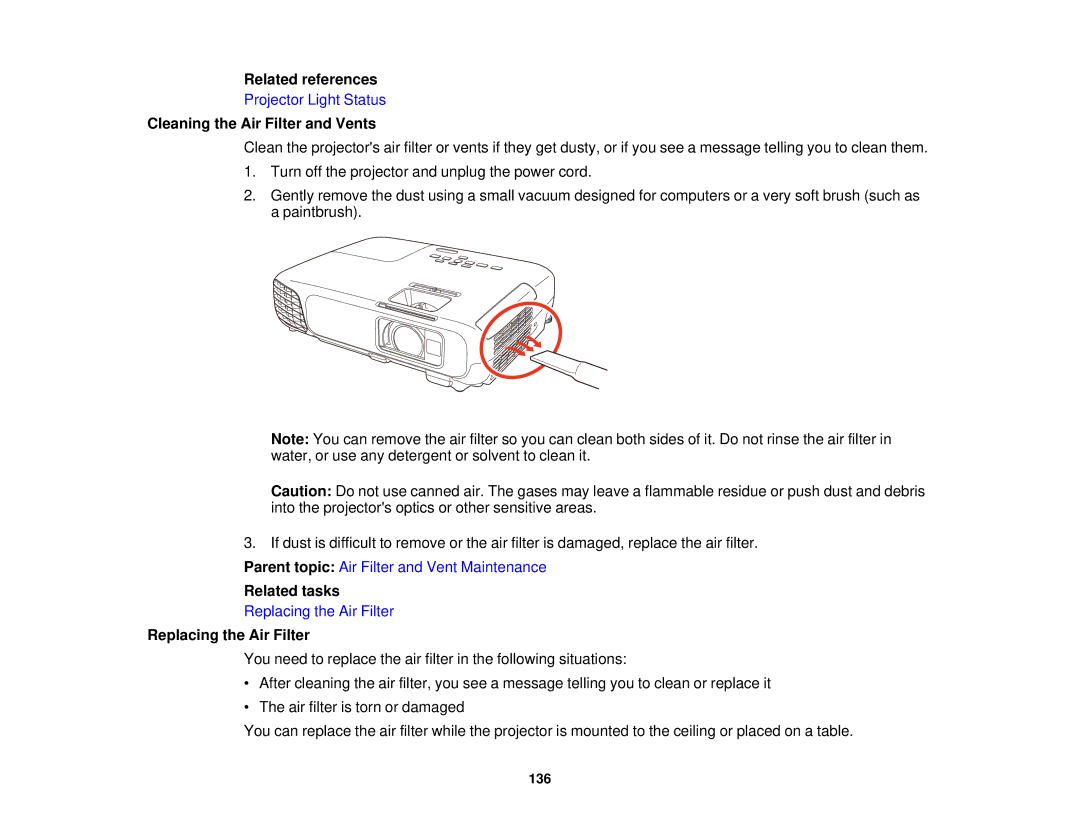 Epson EX7230 Pro, EX7235 Pro manual Cleaning the Air Filter and Vents, Replacing the Air Filter 