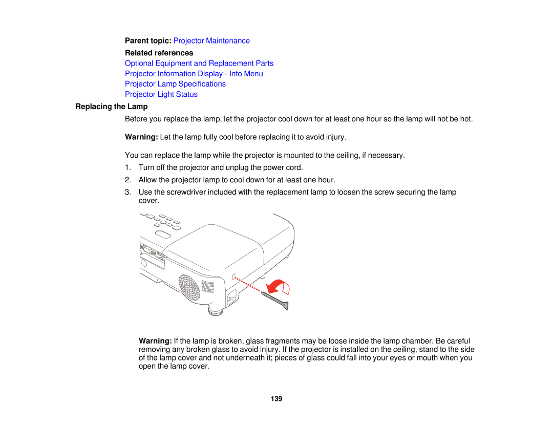 Epson EX7235 Pro, EX7230 Pro manual Replacing the Lamp 