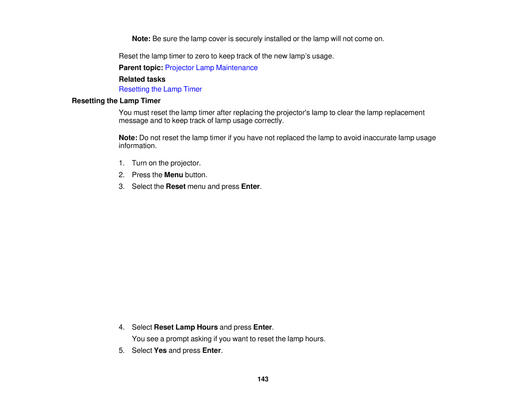 Epson EX7235 Pro, EX7230 Pro manual Resetting the Lamp Timer, Select Reset Lamp Hours and press Enter 