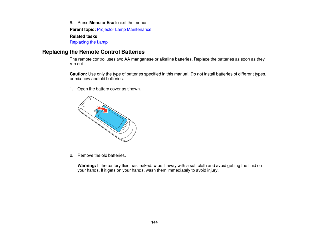 Epson EX7230 Pro, EX7235 Pro manual Replacing the Remote Control Batteries 