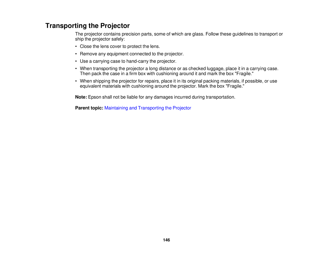 Epson EX7230 Pro, EX7235 Pro manual Transporting the Projector 